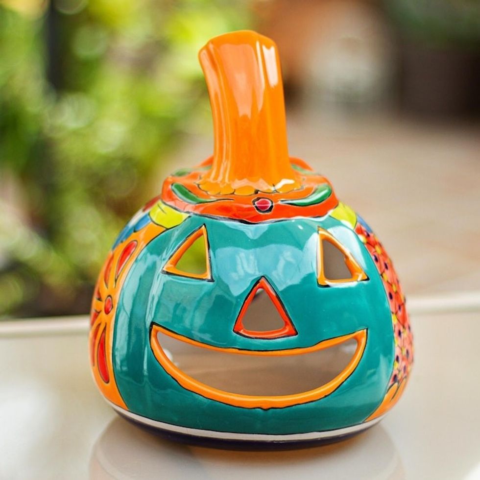 Jack-O-Lantern Talavera Style Ceramic Candle Holder 'Happy Jack-O-Lantern'