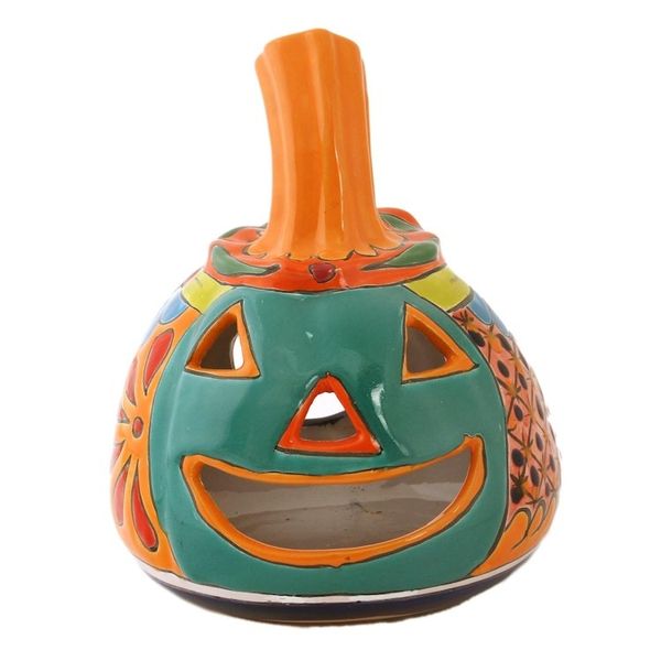 Alternate image for Jack-O-Lantern Talavera Style Ceramic Candle Holder Happy Jack-O-Lantern