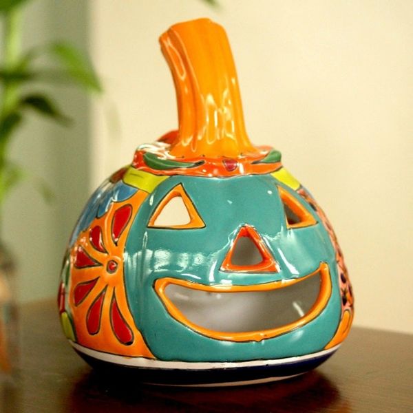 Alternate image for Jack-O-Lantern Talavera Style Ceramic Candle Holder Happy Jack-O-Lantern