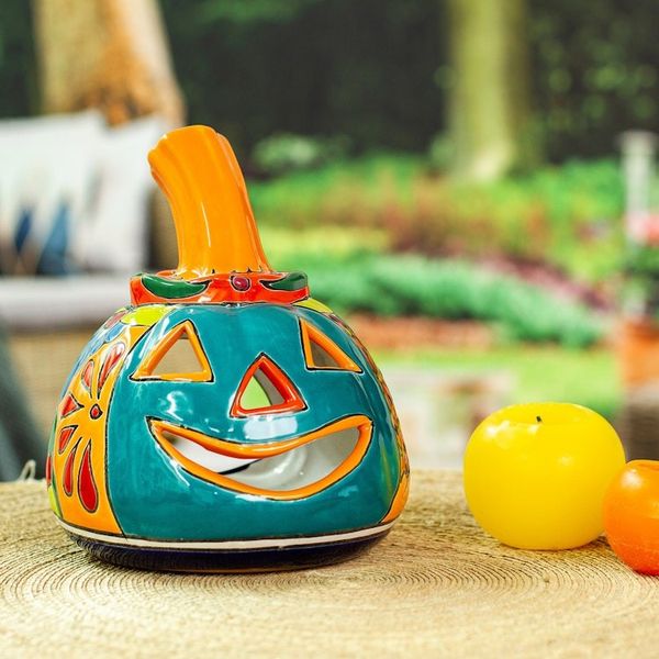 Alternate image for Jack-O-Lantern Talavera Style Ceramic Candle Holder Happy Jack-O-Lantern