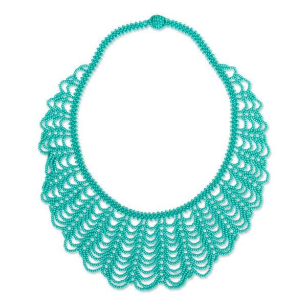 Alternate image for Handcrafted Turquoise Blue Glass Beaded Statement Necklace Beach Waves