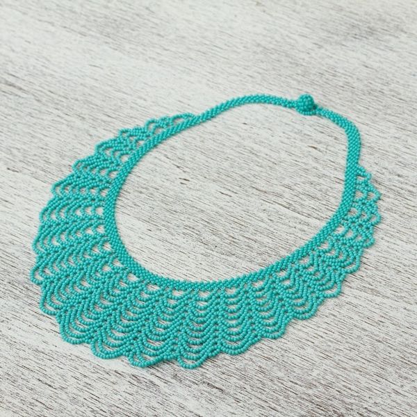 Alternate image for Handcrafted Turquoise Blue Glass Beaded Statement Necklace Beach Waves