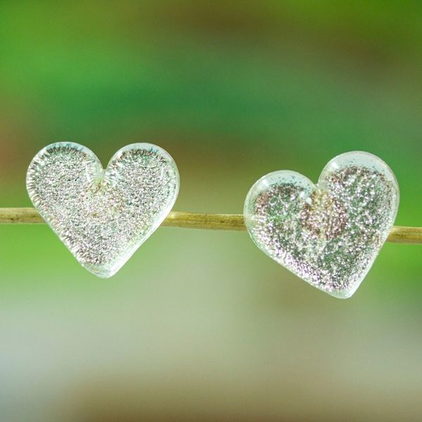 Alternate image for Heart-Shaped Fused Glass Button Earrings with Golden Posts Dichroic Love