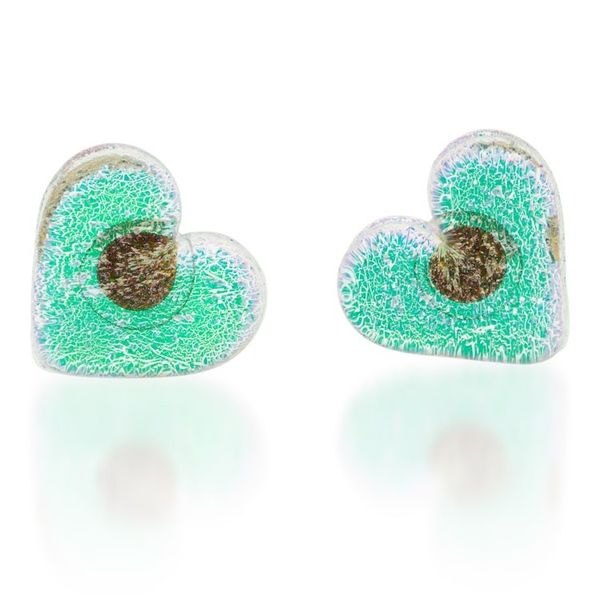 Alternate image for Heart-Shaped Fused Glass Button Earrings with Golden Posts Dichroic Love