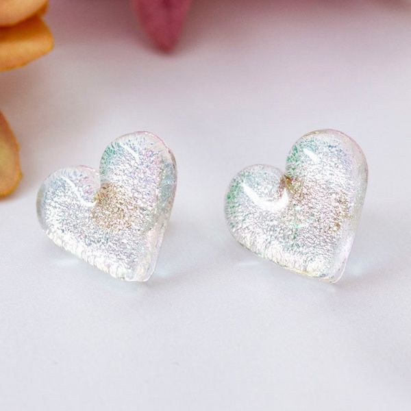 Alternate image for Heart-Shaped Fused Glass Button Earrings with Golden Posts Dichroic Love