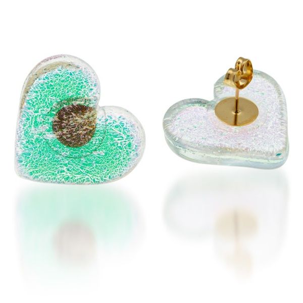 Alternate image for Heart-Shaped Fused Glass Button Earrings with Golden Posts Dichroic Love