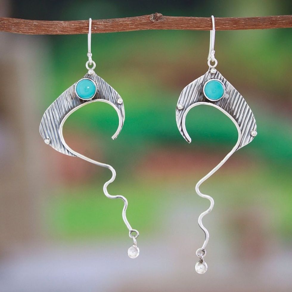 Modern Taxco 925 Silver Dangle Earrings with Turquoise Stone 'Abstract Flair'