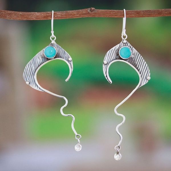 Alternate image for Modern Taxco 925 Silver Dangle Earrings with Turquoise Stone Abstract Flair
