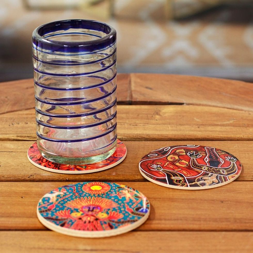 4 Decoupage Pinewood Coasters with Mexican Huichol Motifs 'Huichol Inspiration'