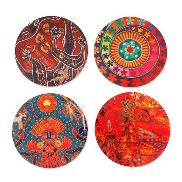 Alternate image for 4 Decoupage Pinewood Coasters with Mexican Huichol Motifs Huichol Inspiration