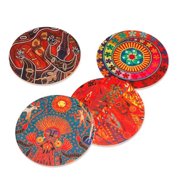 Alternate image for 4 Decoupage Pinewood Coasters with Mexican Huichol Motifs Huichol Inspiration