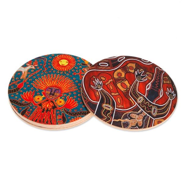 Alternate image for 4 Decoupage Pinewood Coasters with Mexican Huichol Motifs Huichol Inspiration