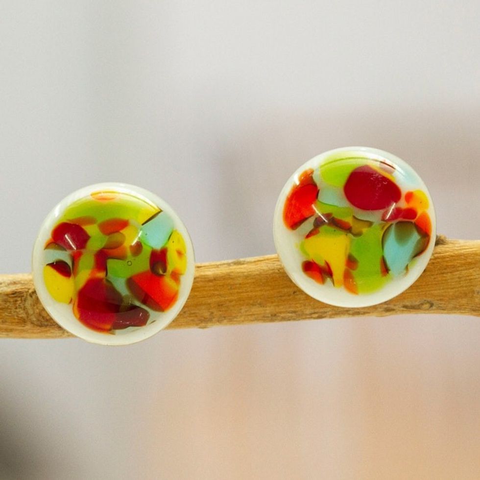 Multicolored Fused Glass Mosaic Button Earrings from Mexico 'Multicolored Textures'
