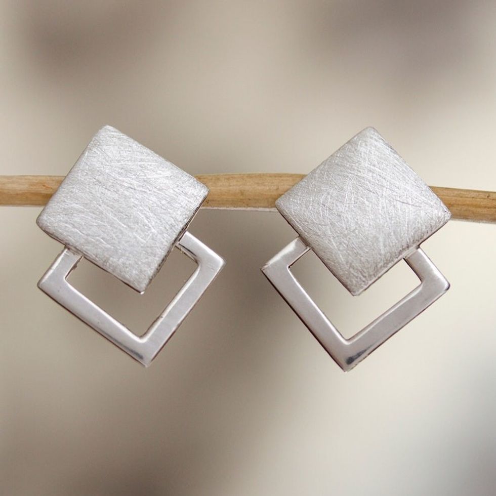 Handcrafted Taxco Sterling Silver Earrings 'Square Off'