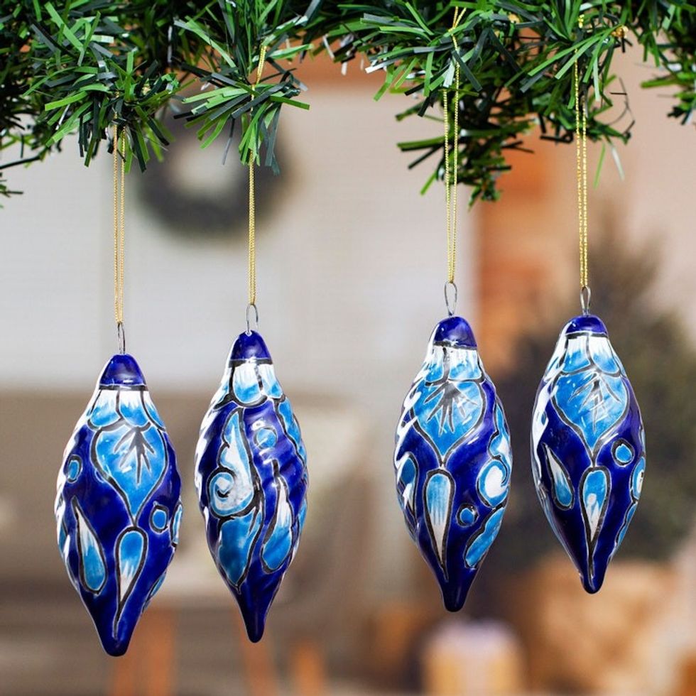Handcrafted Talavera Ceramic Ornaments in Lapis Set of 4 'Lapis Ambience'