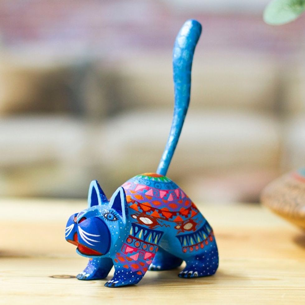 Mexican Alebrije Cat Sculpture 'Blue Cat Greeting'