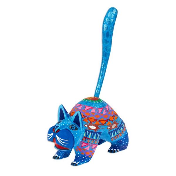Alternate image for Mexican Alebrije Cat Sculpture Blue Cat Greeting