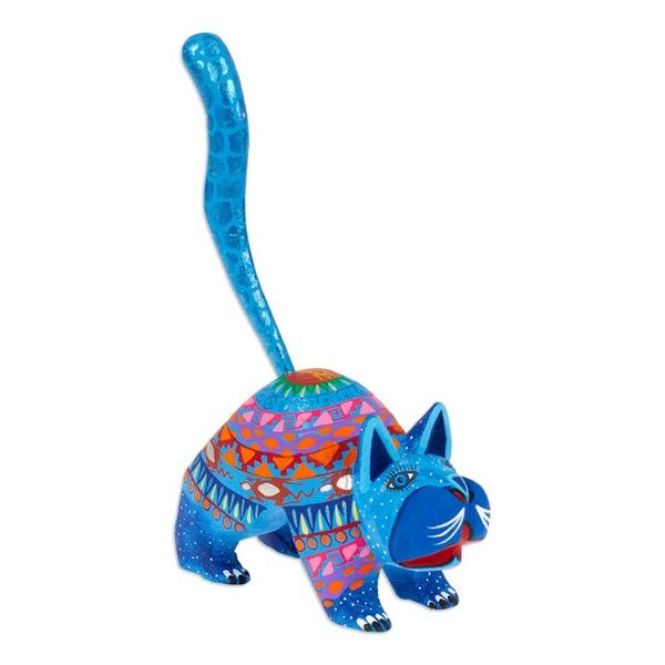 Alternate image for Mexican Alebrije Cat Sculpture Blue Cat Greeting