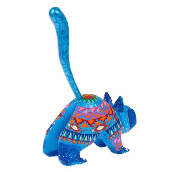 Alternate image for Mexican Alebrije Cat Sculpture Blue Cat Greeting