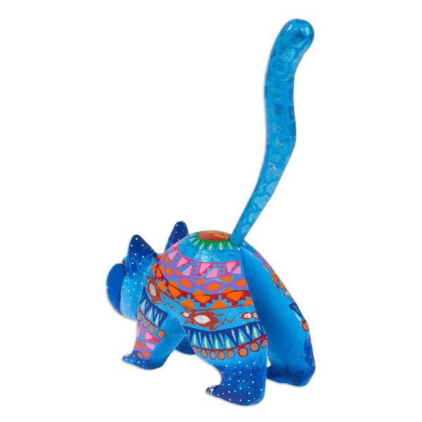Alternate image for Mexican Alebrije Cat Sculpture Blue Cat Greeting