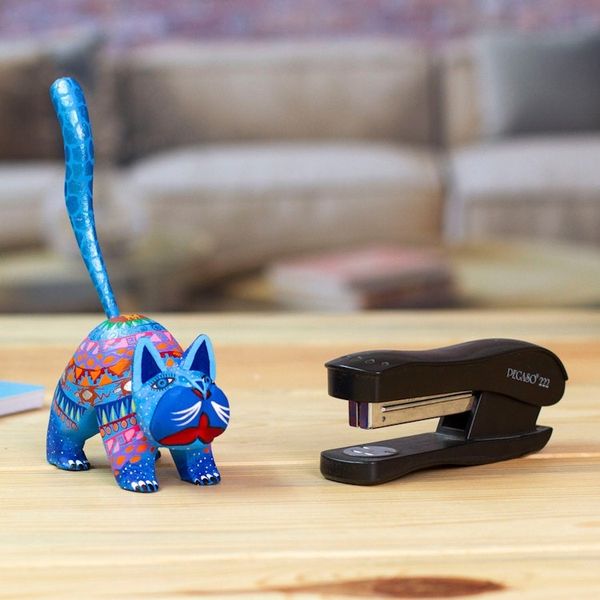 Alternate image for Mexican Alebrije Cat Sculpture Blue Cat Greeting