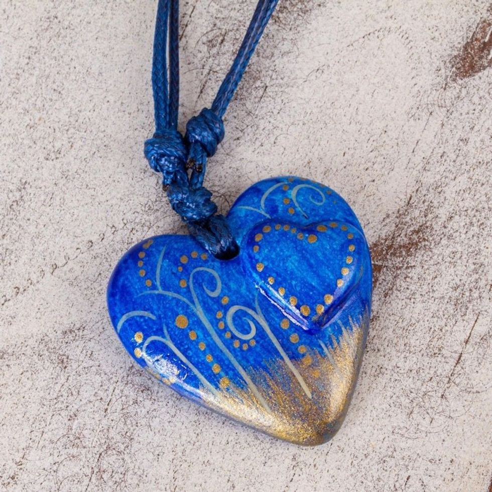 Papier Mache Blue Heart Necklace with Golden Accents 'Sea Winds'