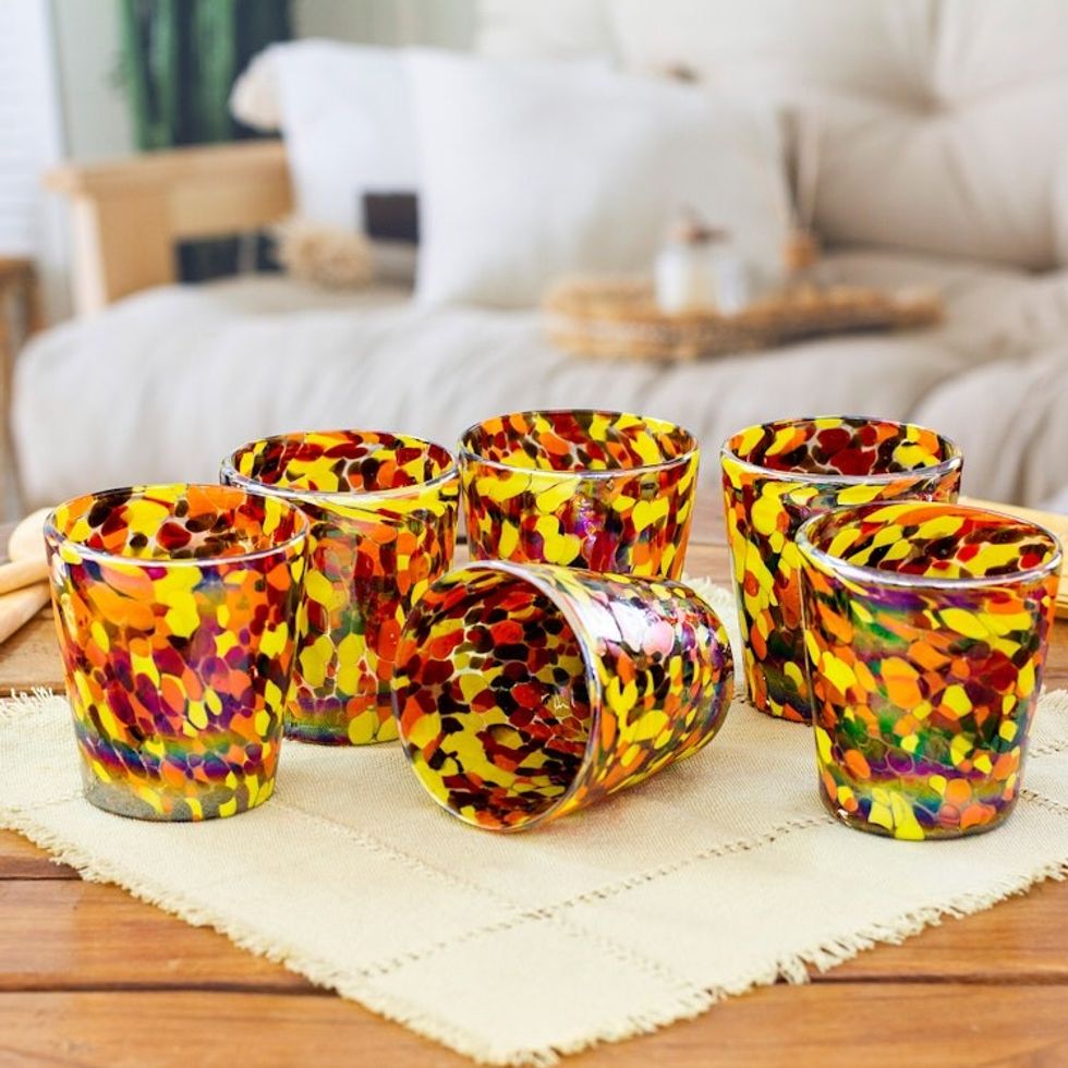 Set of 6 Multicolored Tumblers Handblown from Recycled Glass 'Bright Confetti'