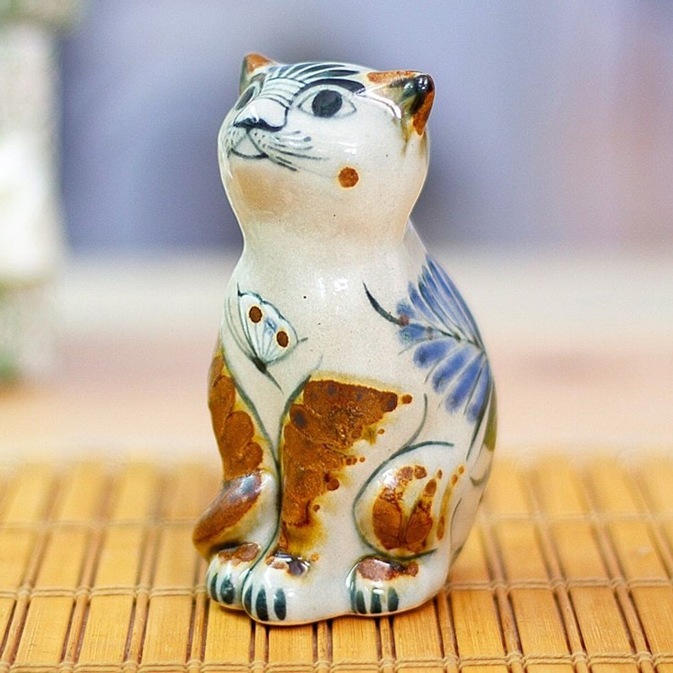 Ceramic Cat Figurine Crafted and Painted by Hand in Mexico 'Traditional Cat with Dove'