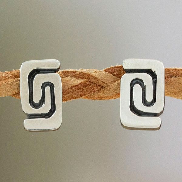 Alternate image for Polished and Oxidized Greca Sterling Silver Stud Earrings Greca Nobility
