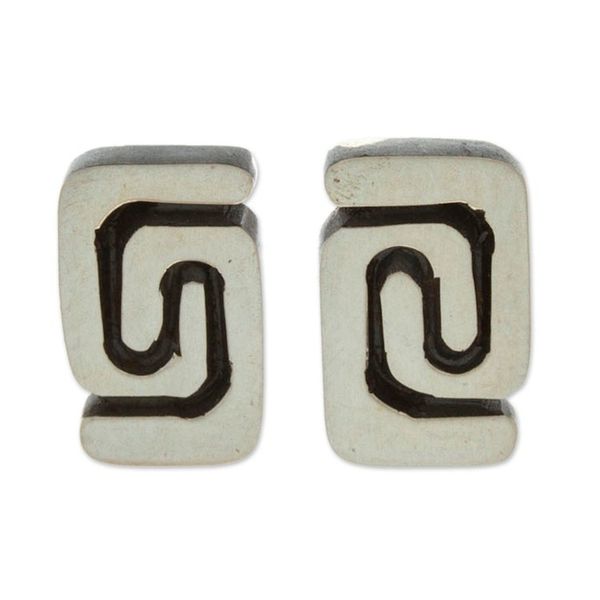 Alternate image for Polished and Oxidized Greca Sterling Silver Stud Earrings Greca Nobility