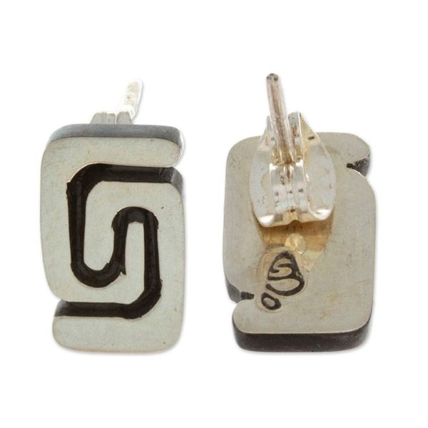 Alternate image for Polished and Oxidized Greca Sterling Silver Stud Earrings Greca Nobility