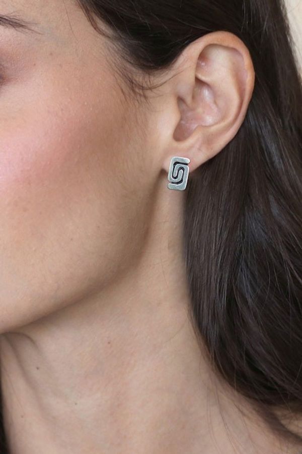 Alternate image for Polished and Oxidized Greca Sterling Silver Stud Earrings Greca Nobility