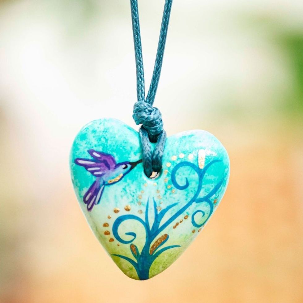 Papier Mache Hummingbird Pendant Necklace from Mexico 'Sky Hummingbird'