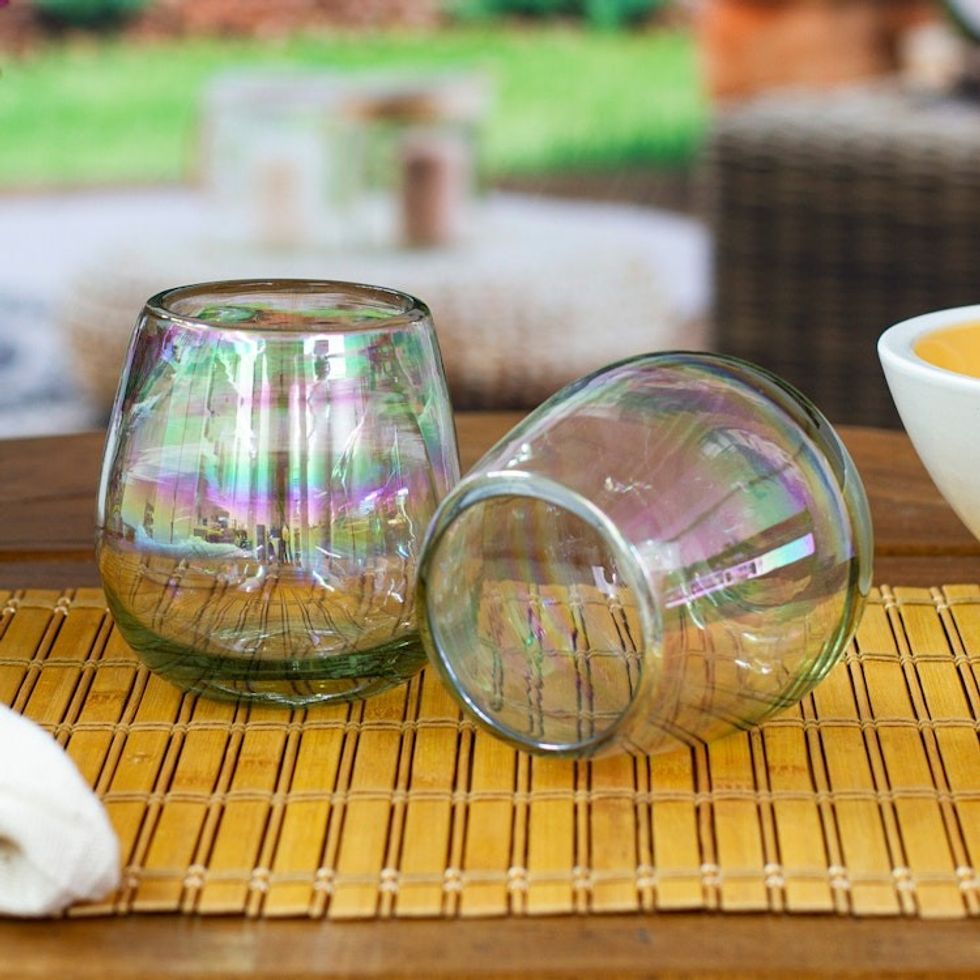 Pair of Eco-Friendly Clear Handblown Stemless Wine Glasses 'Ethereal Joy'