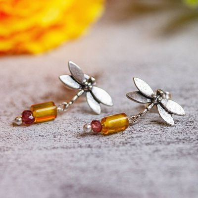 Alternate image for Amber and Amethyst Silver Dangle Earrings from Mexico Golden Dragonflies