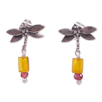 Alternate image for Amber and Amethyst Silver Dangle Earrings from Mexico Golden Dragonflies