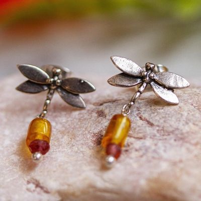 Alternate image for Amber and Amethyst Silver Dangle Earrings from Mexico Golden Dragonflies