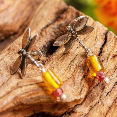 Alternate image for Amber and Amethyst Silver Dangle Earrings from Mexico Golden Dragonflies