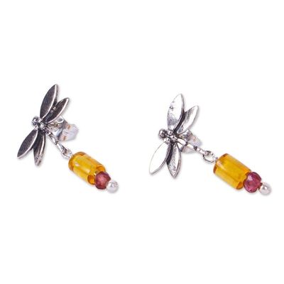 Alternate image for Amber and Amethyst Silver Dangle Earrings from Mexico Golden Dragonflies