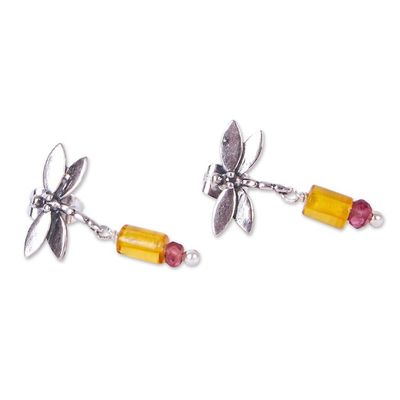 Alternate image for Amber and Amethyst Silver Dangle Earrings from Mexico Golden Dragonflies