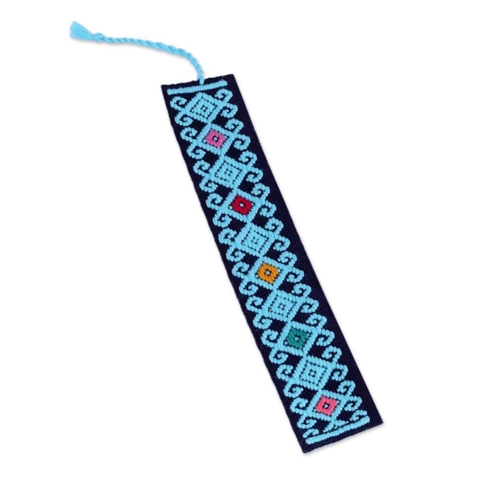 Hand Crafted Sky Blue on Navy Embroidered Cotton Bookmark 'Scrolling Diamonds in Blue'