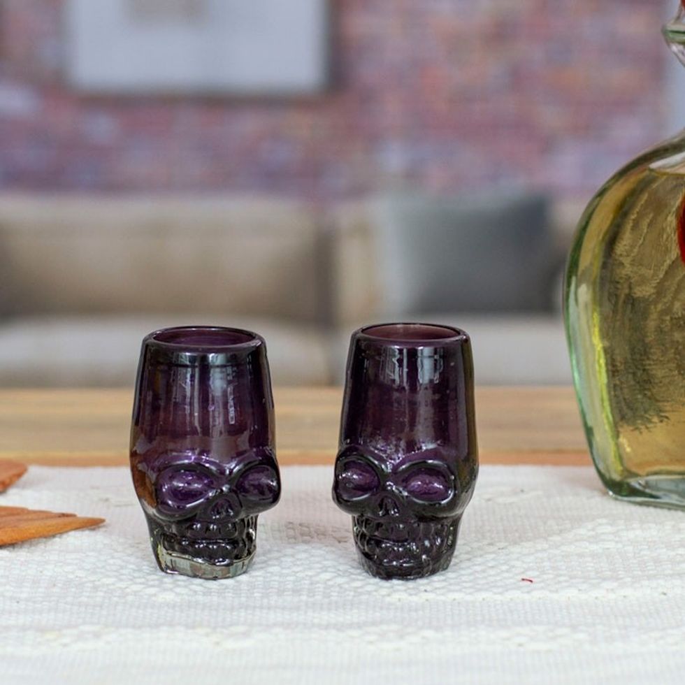 2 Handblown Recycled Glass Tequila Glasses with Skull Motif 'Purple Mexican Skull'