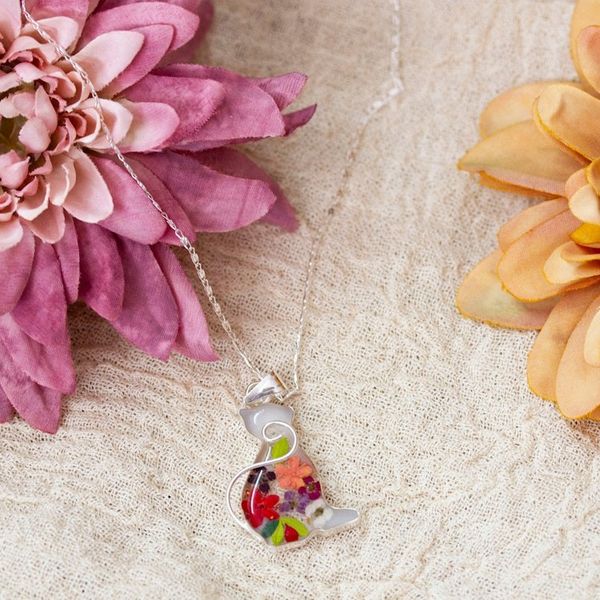 Alternate image for Cat-Themed Natural Flower Sterling Silver Pendant Necklace Feline Spring