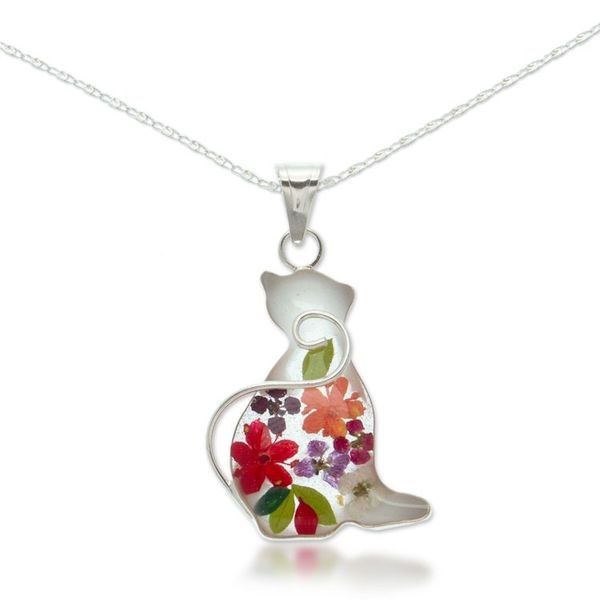 Alternate image for Cat-Themed Natural Flower Sterling Silver Pendant Necklace Feline Spring