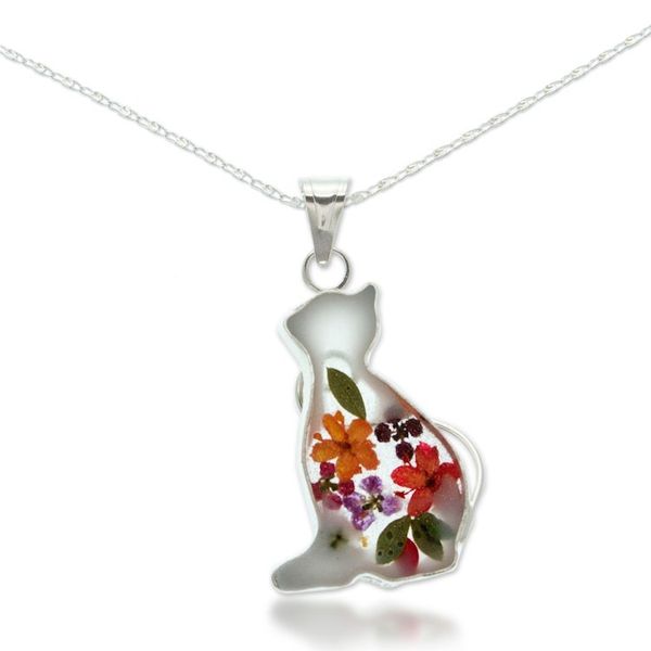 Alternate image for Cat-Themed Natural Flower Sterling Silver Pendant Necklace Feline Spring