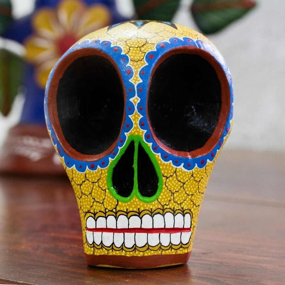 Hand Carved Wood Skull Figurine in Yellow from Mexico 'Ancestral Image'