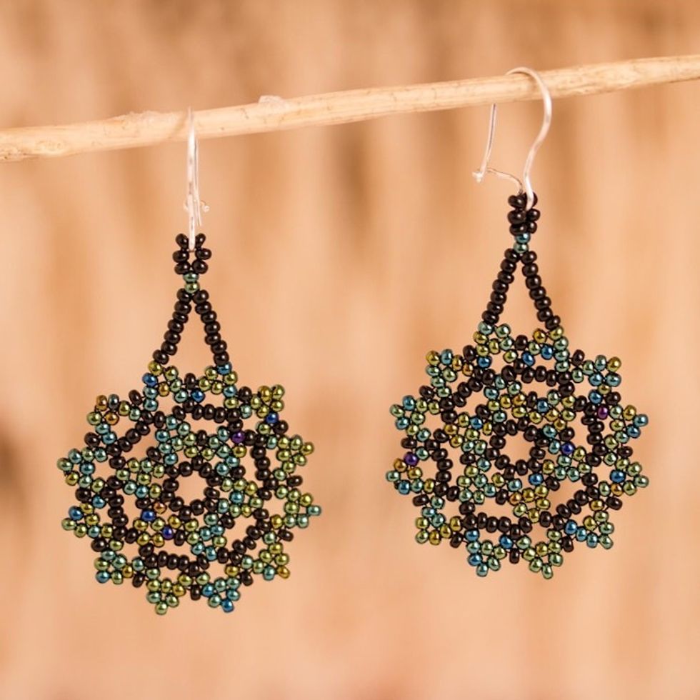 Iridescent Glass Beaded Dangle Earrings from Mexico 'Iridescent Stars'
