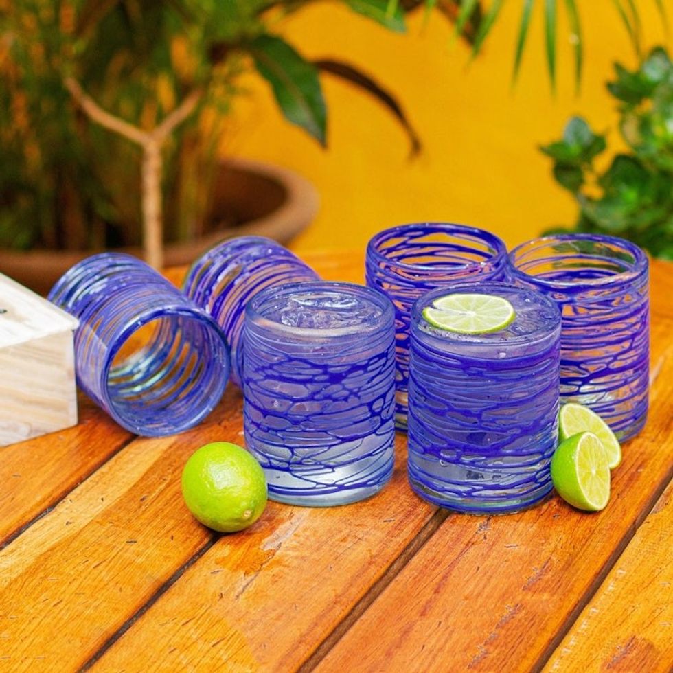 Six Sapphire Blue Swirl Blown Glass 10 oz Rock Glasses Set 'Sapphire Web'