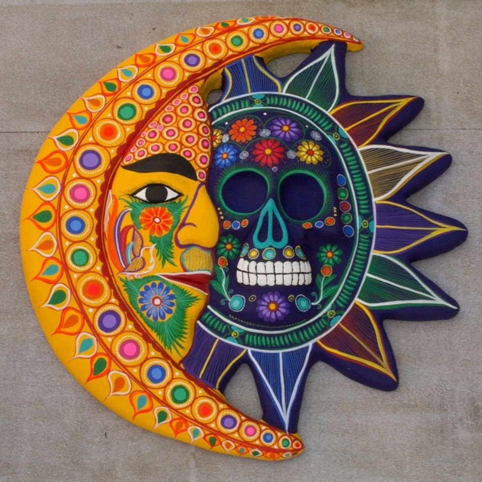 Handcrafted Ceramic Eclipse Mask in Yellow and Blue 'Day of the Dead'