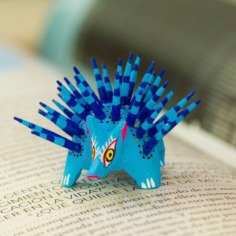 Hand-Painted Wood Alebrije Porcupine Figurine in Blue 'Cute Porcupine in Sky Blue'